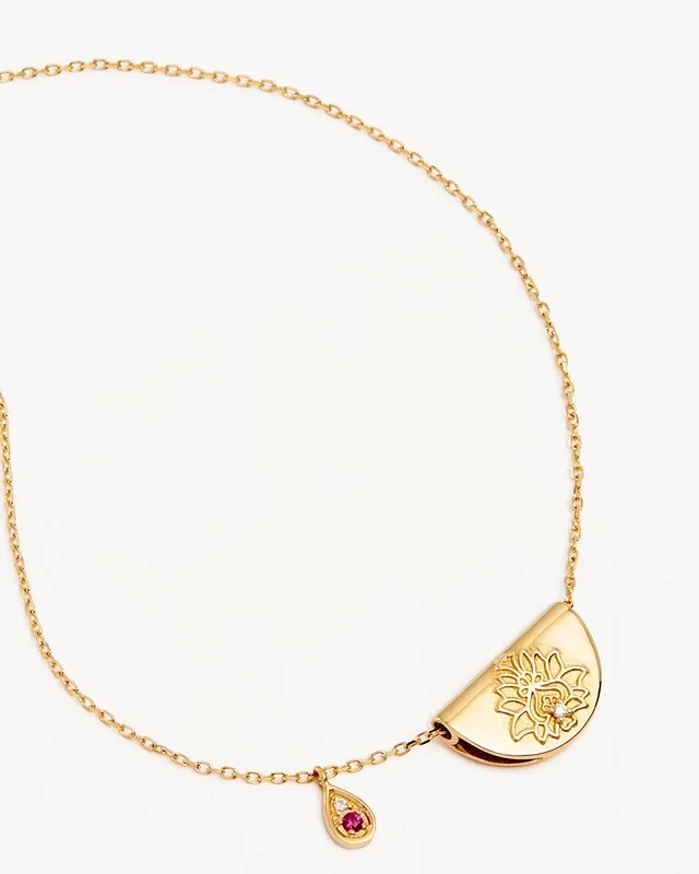 14k Solid Gold Lotus Birthstone Diamond Necklace – July – Ruby