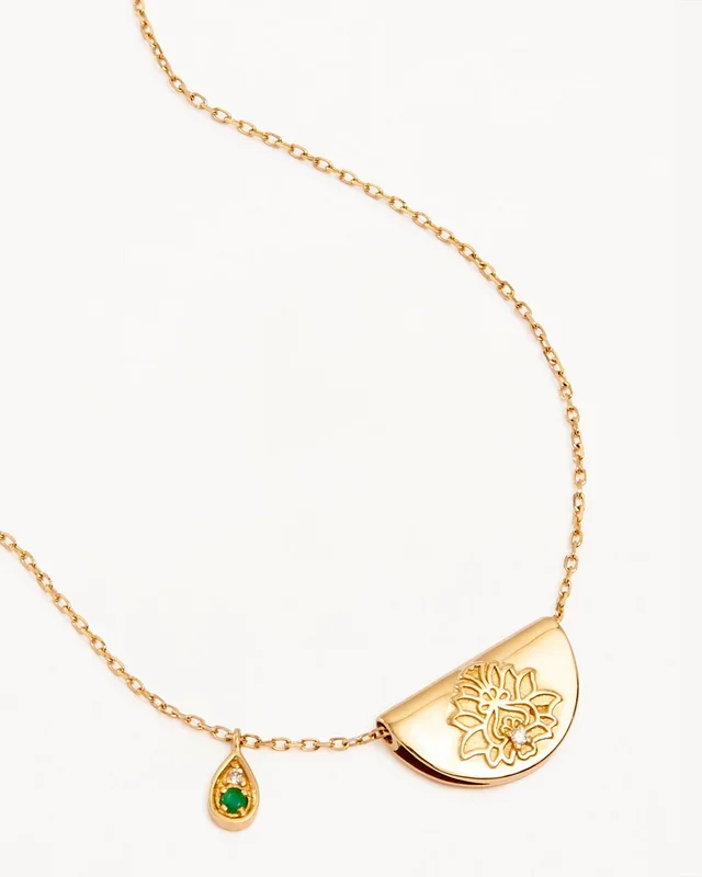 14k Solid Gold Lotus Birthstone Diamond Necklace – May – Emerald