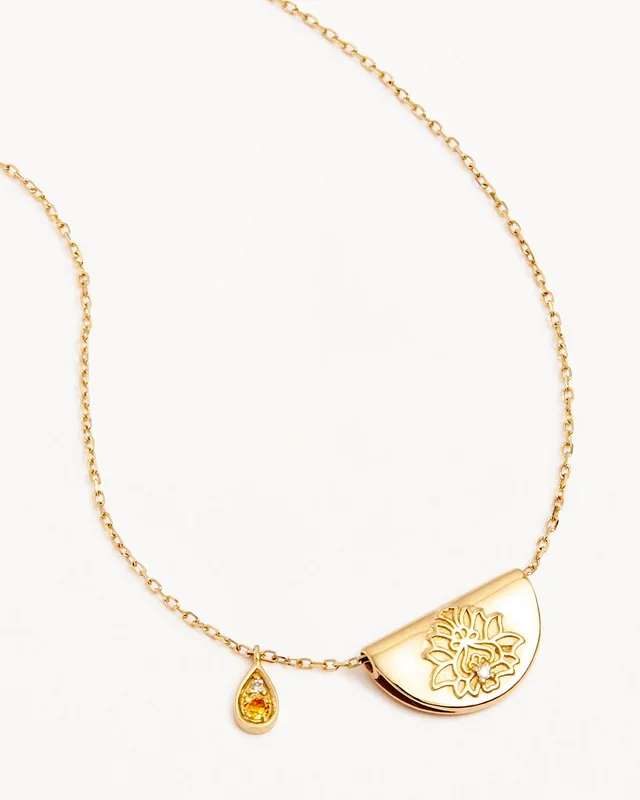 14k Solid Gold Lotus Birthstone Diamond Necklace – November – Citrine