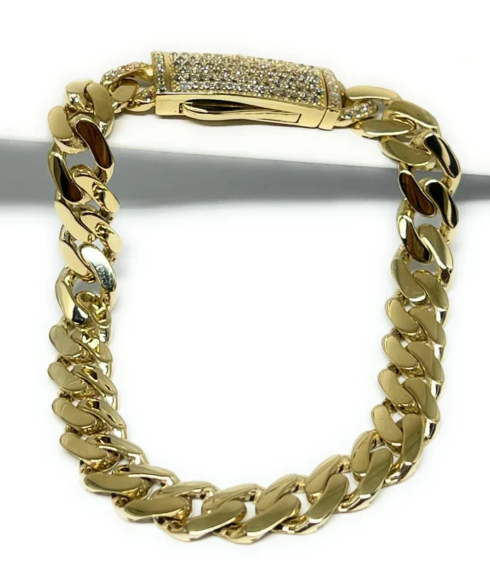 14k Solid Gold Miami Cuban Link Brracelet 7-8 inch 9mm CZ Lock (Semi-Hollow) 17g