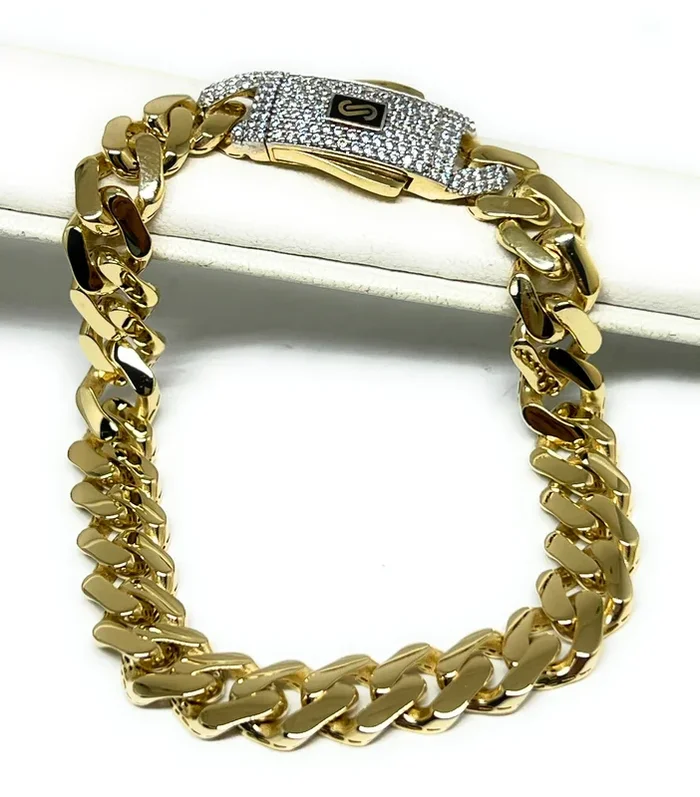 14k Solid Gold Monaco Miami Cuban Link Brracelet 7-8 inch 9.5mm CZ Lock (Semi-Hollow)