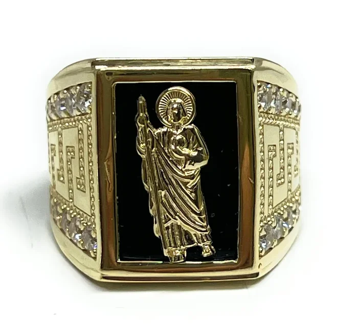 14k Solid Gold SAAN JUDAS SAAINT JUDE ONYX CZ GREEK BORDER Ring (13.1g)