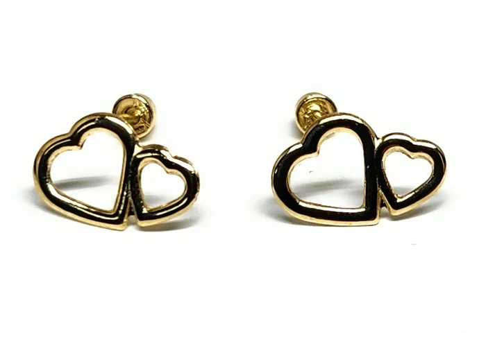 14k Solid Gold SMALL DAINTY DOUBLE HEART Stud Earrings (FCE 45) (MADE IN MX)