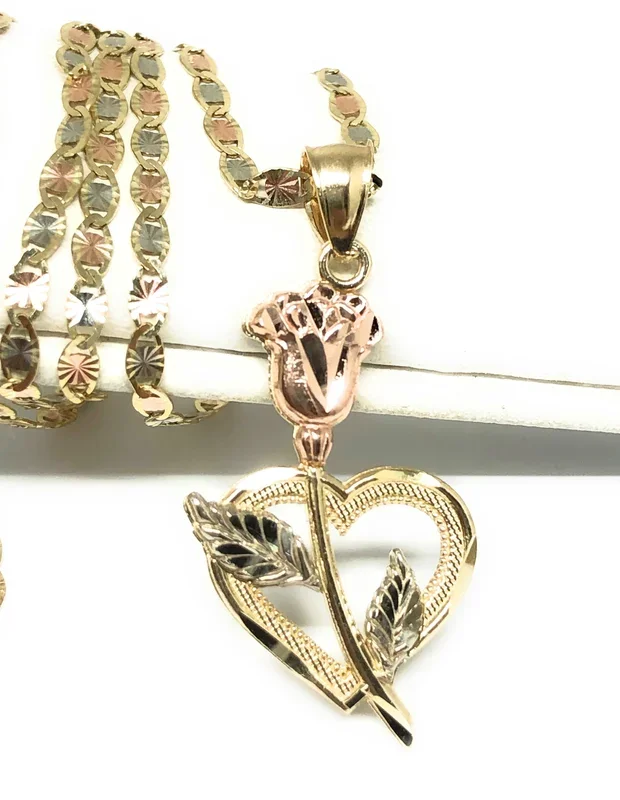 14k Solid Gold Tri-Color Heart Flower Pendant Necklace Valentina Chain