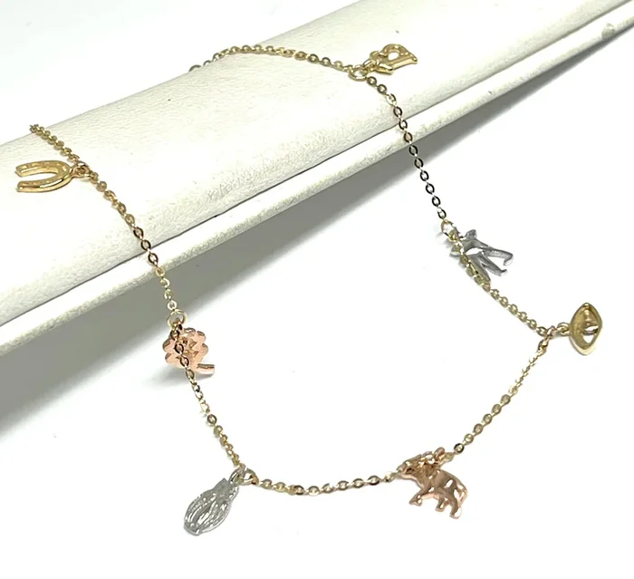 14k Solid Gold Tri-Color Lucky Symbols Brracelet 8 INCH 1mm Width (THIN & DELICATE) (FC)