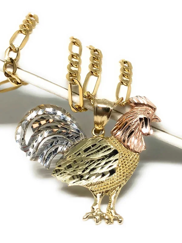 14k Solid Gold Tri-Color Rooster Pendant Necklace with Figaro Chain