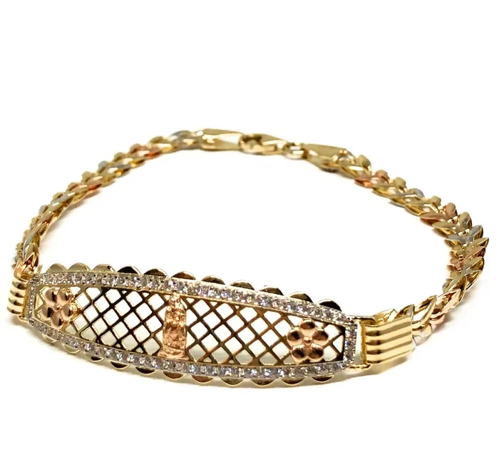 14k Solid Gold Tri-Color Virrgin Mary Brracelet Cubic Zirconia 7.2 inch Virrgen Guadalupe