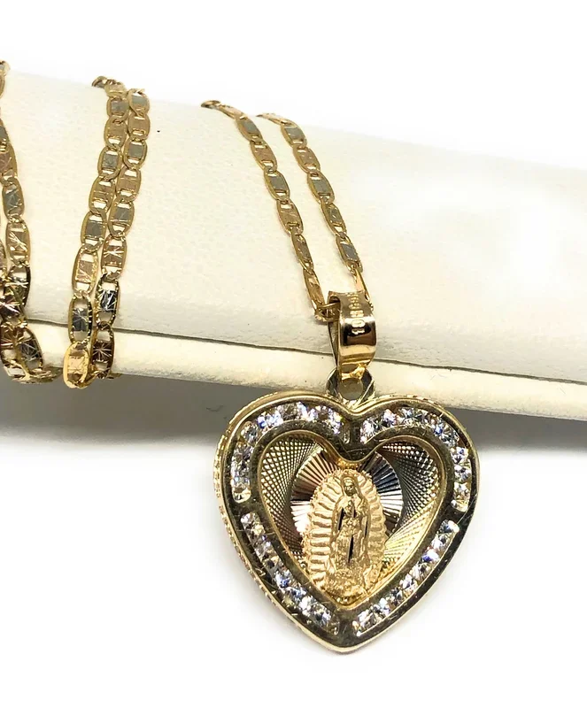 14k Solid Gold Tri-Color Virrgin Mary CZ Heart Pendant Necklace Virrgen Gaudalupe