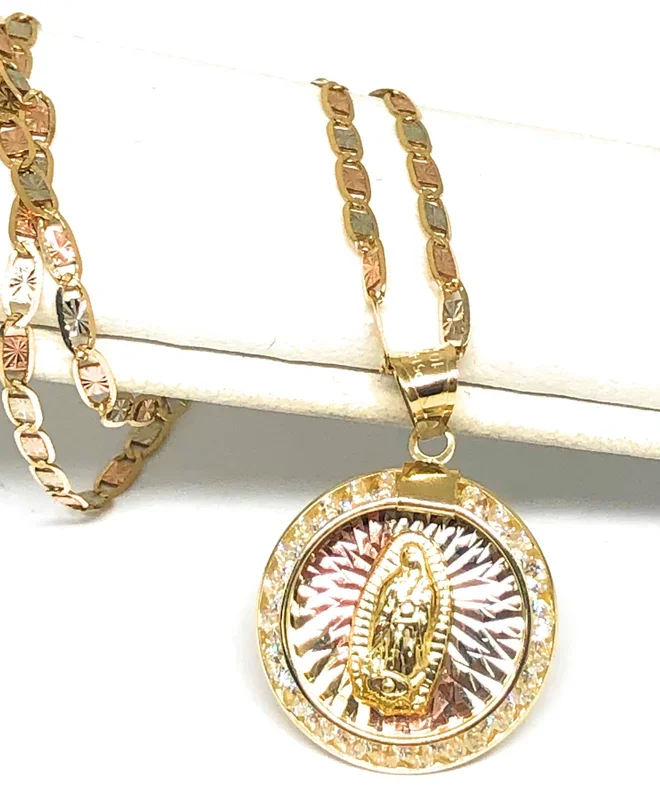 14k Solid Gold Tri-Color Virrgin Mary CZ Round Pendant Necklace Virrgen Gaudalupe (SMALL)