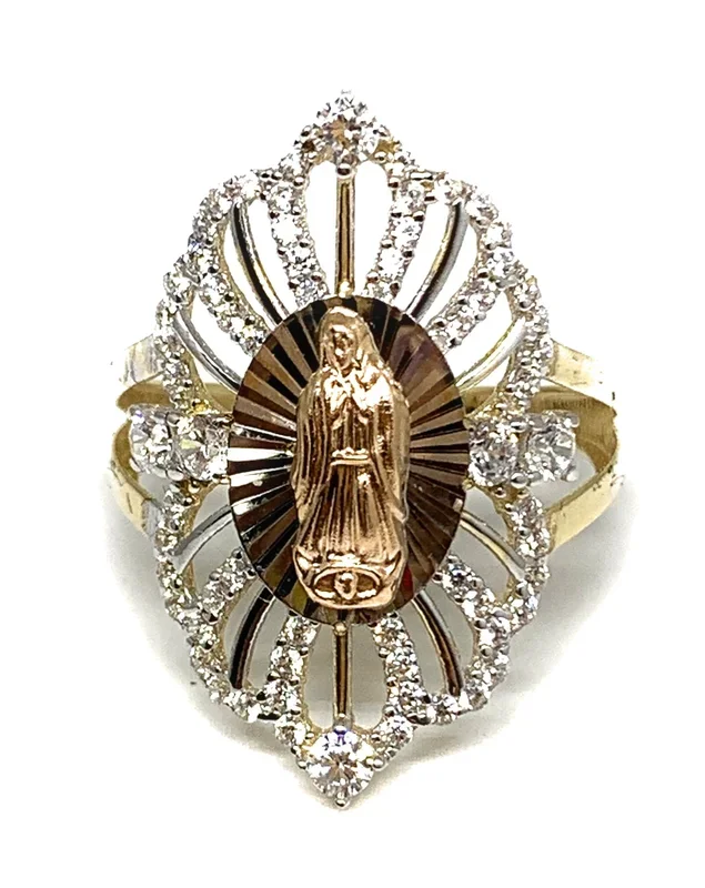 14k Solid Gold Tri-Color Virrgin Mary Filigran Fancy Cubic Zirconia Ring