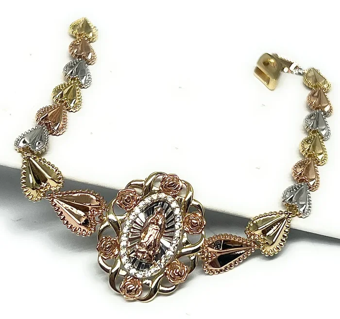 14k Solid Gold Tri-Color Virrgin Mary FLOWER Brracelet 7.5-8 inch Virrgen Guadalupe (FC)