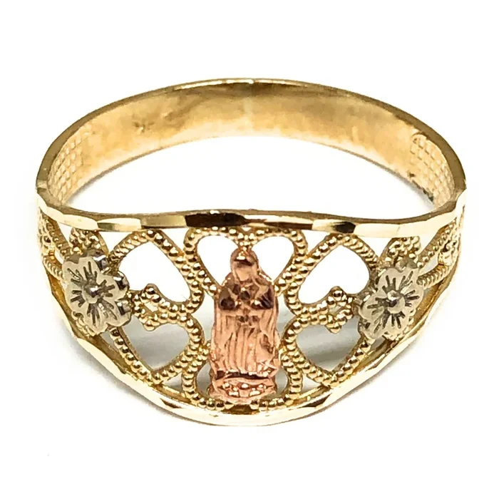 14k Solid Gold Tri-Color Virrgin Mary Heart & Flower Ring