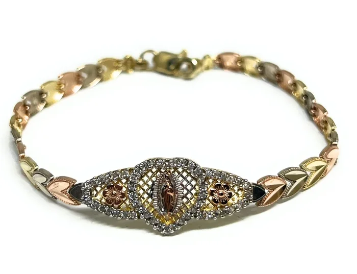 14k Solid Gold Tri-Color Virrgin Mary HEART Brracelet 7.25 inch Virrgen Guadalupe