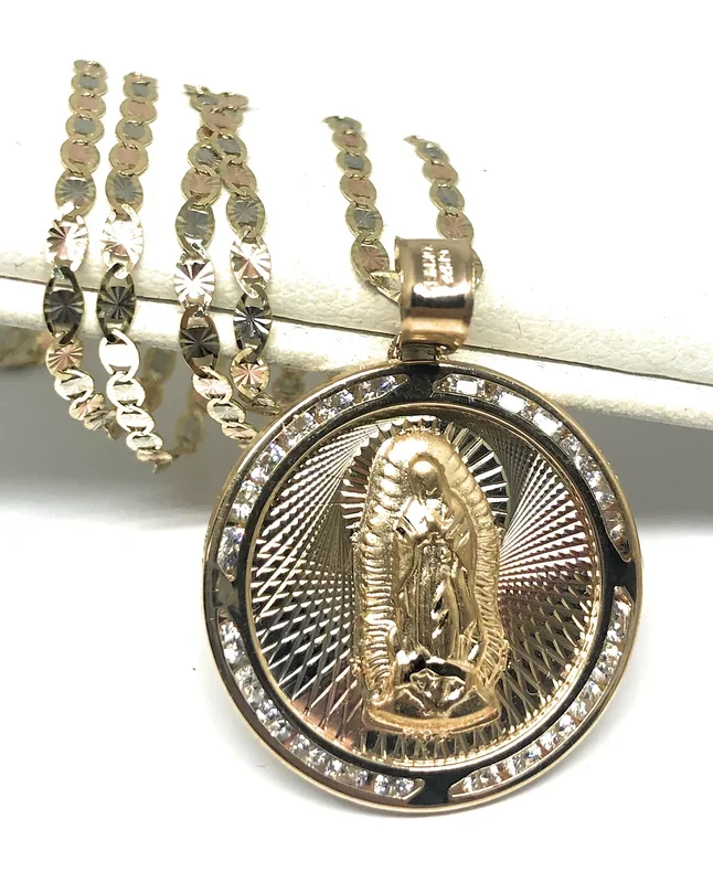 14K Solid Gold Tri-Color Virrgin Mary Round Pendant Necklace W/ Cubic Zirconia Virrgen Gaudalupe Valentina Chain (MED, LG)