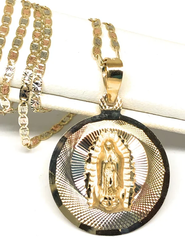 14k Solid Gold Tri-Color Virrgin Mary Round Pendant Virrgen Guadalupe Valentina Chain (MED,LG)