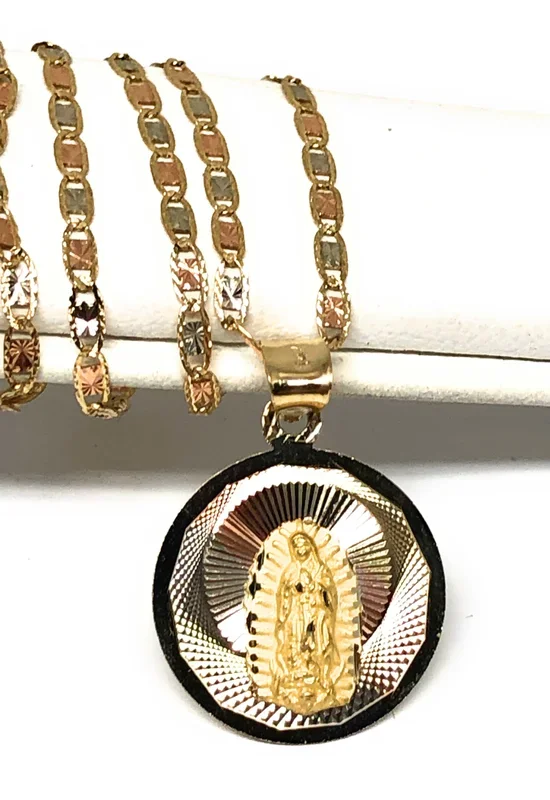 14k Solid Gold Tri-Color Virrgin Mary Round Pendant Virrgen Guadalupe Valentina Chain (SM, XS)