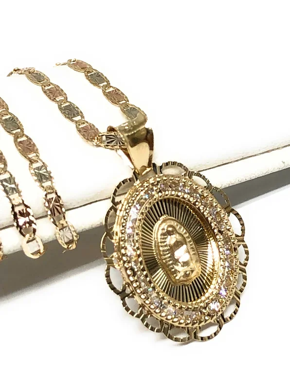 14k Solid Gold Virrgin Mary CZ Pendant Necklace Virrgen Gaudalupe Valentina Chain