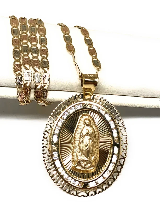 14k Solid Gold Virrgin Mary CZ Pendant Necklace Virrgen Gaudalupe Valentina Chain (MED)