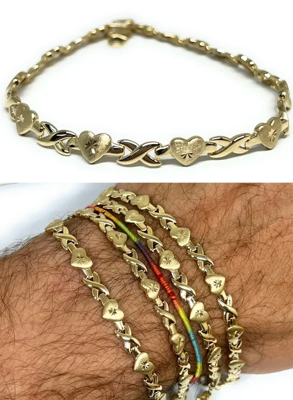 14k Solid Gold XOXO HUGS & KISSES HEARTS Brracelet 7-8 inch (SEMI-HOLLOW STYLE)