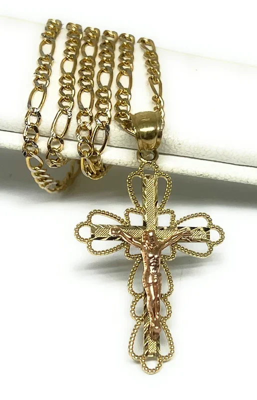14k Solid Gold Yellow & Rose 2-Tone Jesus Cross Crucifix Pendant Necklace