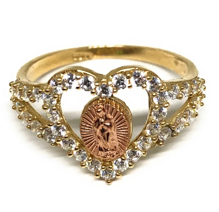14k Solid Gold Yellow & Rose Gold Heart Virrgin Mary CZ Ring