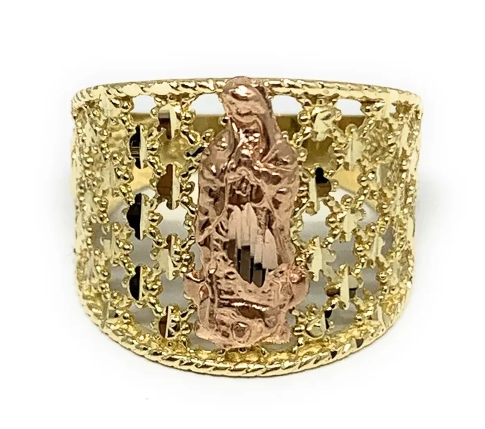 14k Solid Gold Yellow & Rose Gold Virrgin Mary Criss-Cross Ring
