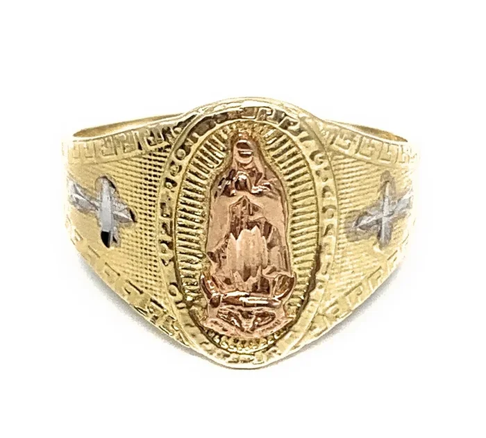14k Solid Gold Yellow & Rose Gold Virrgin Mary Cross Ring