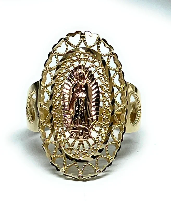 14k Solid Gold Yellow & Rose Gold Virrgin Mary Heart Ring (FC 276)