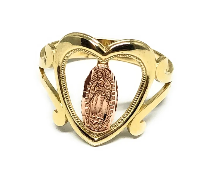 14k Solid Gold Yellow & Rose Virrgin Mary Filigran Heart Ring