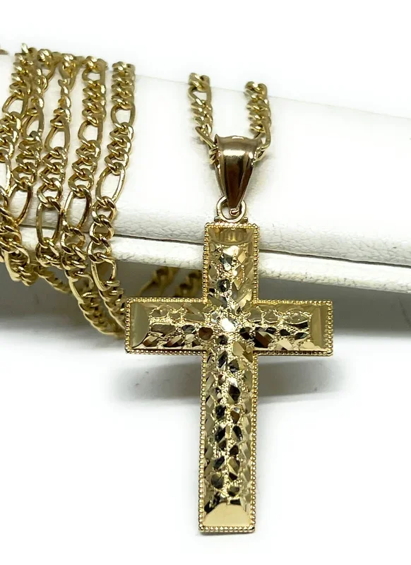 14k Solid Gold Yellow Classic Cross NUGGET Pendant Necklace (MED,SM)