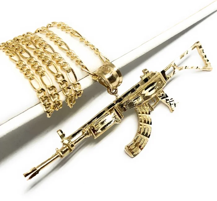 14k Solid Gold Yellow Classic Machine Gun AK-47 Pendant Necklace
