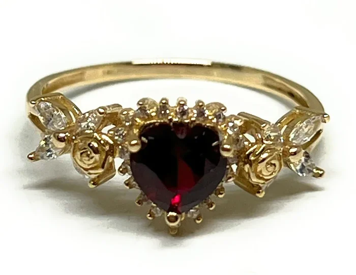 14k Solid Gold Yellow Gold Heart RED CZ Ring (FC 292)