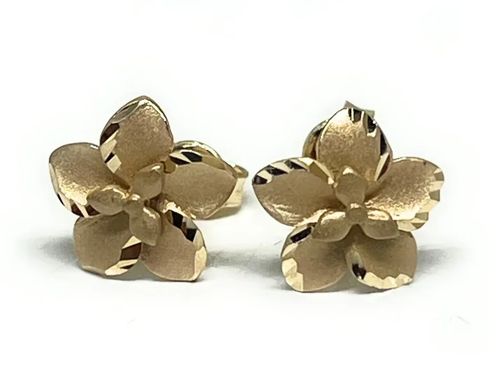 14k Solid Gold Yellow Hibiscus Flower Matte Dainty Earrings