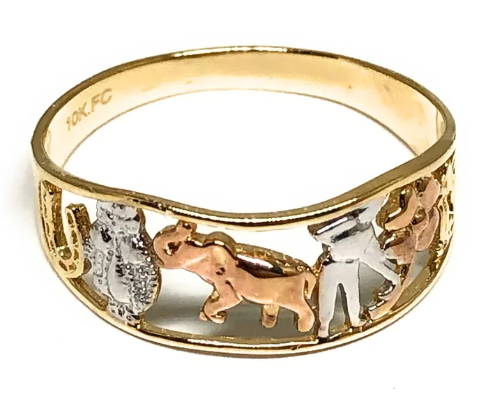 14k Solid Gold Yellow Tri-Color Lucky Symbols Ring Suerte (FC 204)