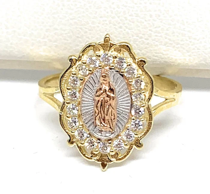 14k Solid Gold Yellow Tri-Color Virrgin Mary CZ Elegant Ring
