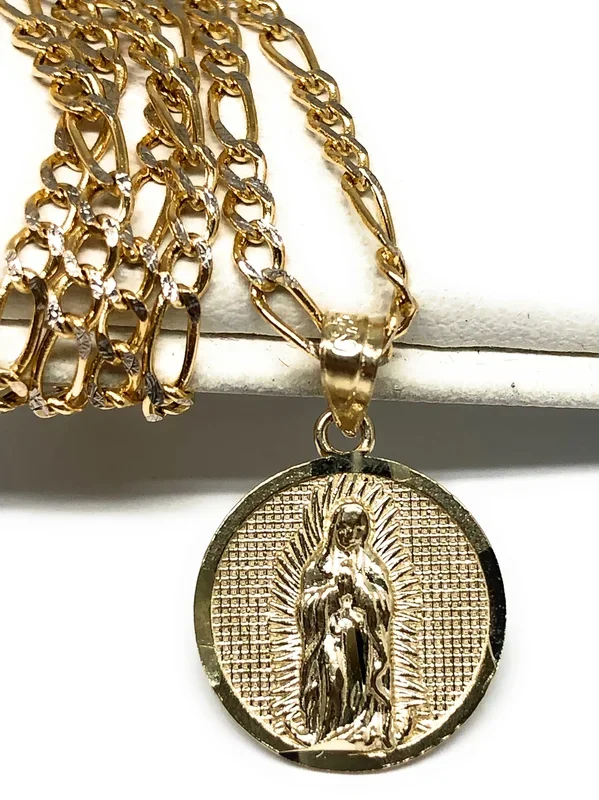 14k Solid Gold Yellow Virrgin Mary Virrgen Guadalupe Round Pendant Figaro Chain (SMALL)