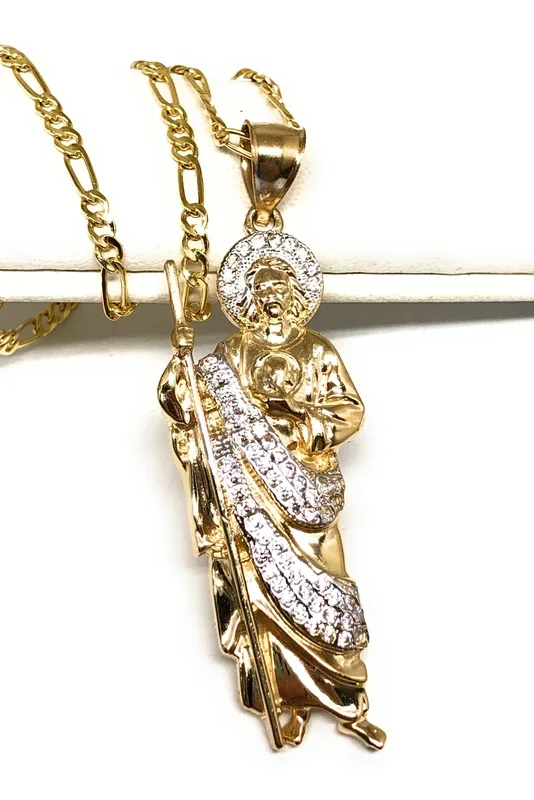 14k Solid Gold Yellow White CZ Saan Judas Saaint Jude Pendant with Chain Optional (SM,MED)