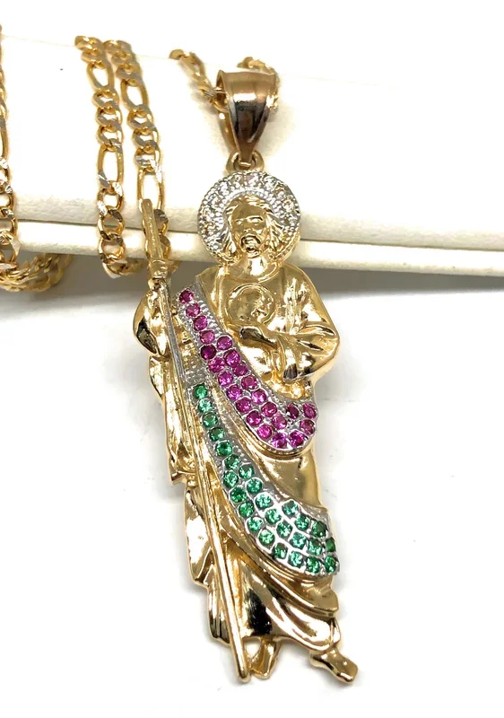 14k Solid Gold Yellow WHITE, RED, GREEN CZ Saan Judas Saaint Jude Pendant with Chain Optional (MED)