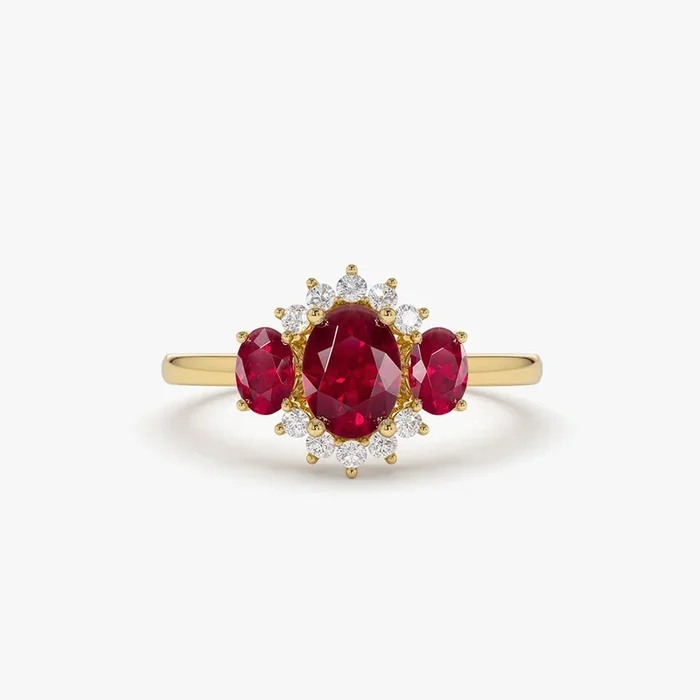 14k Three Stone Ruby Cluster Ring