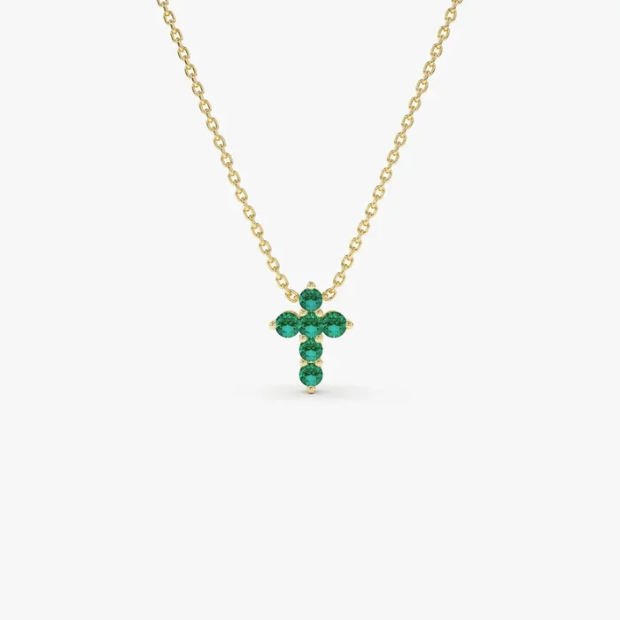 14K Tiny Emerald Cross Necklace