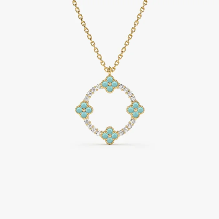 14k Turquoise and Diamond Clover Pendant Necklace