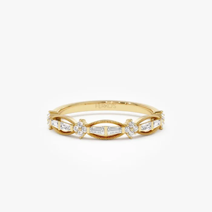 14k Vintage Inspired Baguette Diamond Wedding RIng