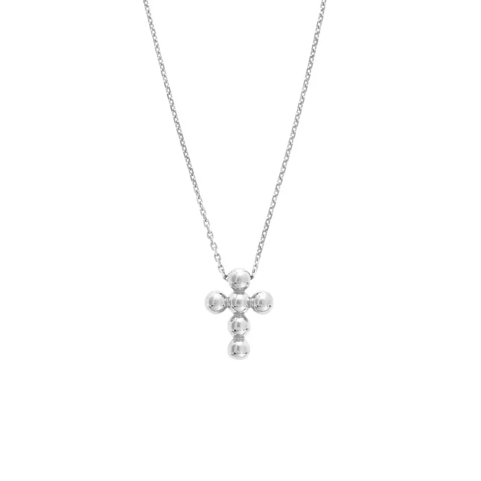 14K White Gold Beaded Mini Cross Pendant Necklace