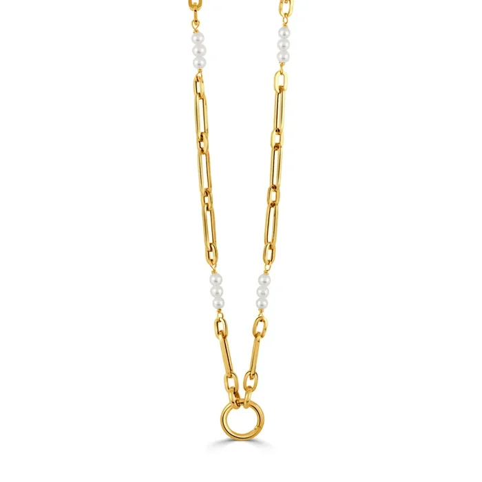 14K Yellow Gold O-Clip, Mixed Link & Pearl Chain Necklace