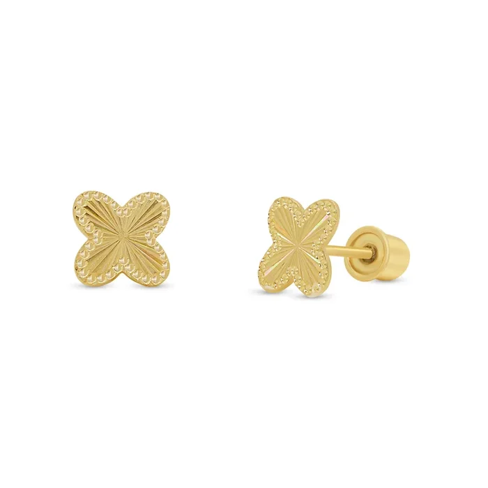 14KE0012. – 14 Karat Yellow Gold Beaded & Iridescent Diamond Cut Clover Earrings