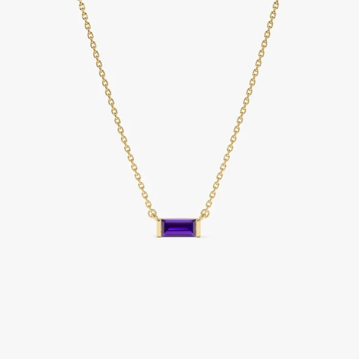 14Kt Gold Baguette Amethyst Dainty Birthstone Necklace