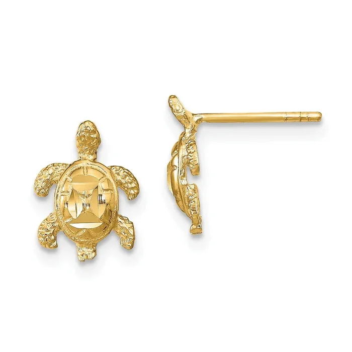 14KT Yellow Gold 11X8MM Diamond-cut Sea Turtle Earrings