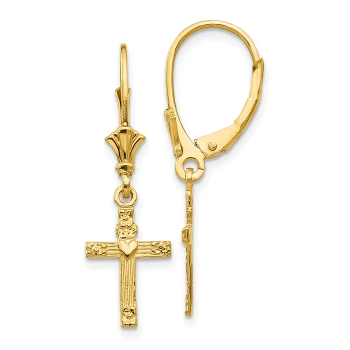 14KT Yellow Gold 31X9MM Cross Heart Leverback Earrings