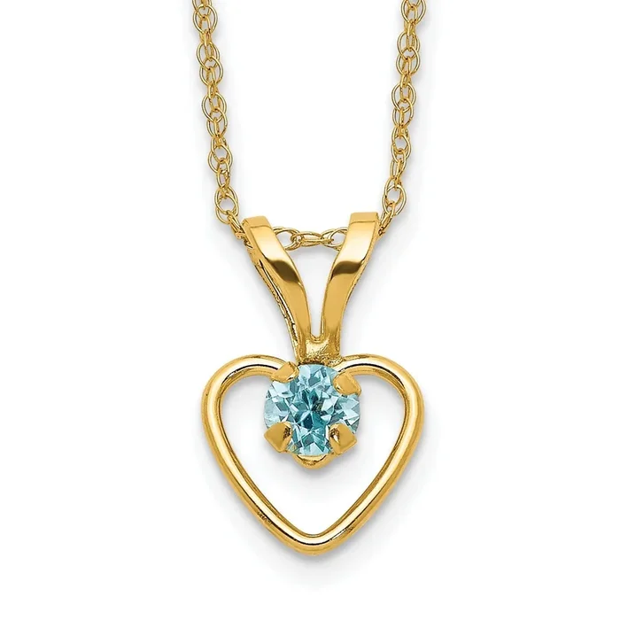 14KT Yellow Gold 3MM Round Blue Zircon 15-inch Childrens Birthstone Pendant