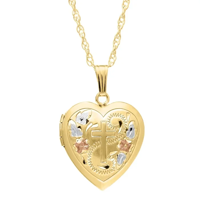 14KT Yellow Gold Filled 19MM 18-inch Locket Heart Cross Flower Pendant